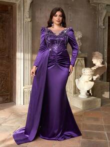 Aureia 大码优雅奢华紫色亮片拼接缎面圆领连衣裙，饰有奢华亮片贴花设计，长袖修身褶皱鱼尾下摆拼接连衣裙，适合晚宴、单身派对、约会、舞会、度假、婚礼、生日、盛大晚会（需盛装出席）、情人节等场合。 - 紫色 - 查看 8