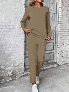 SHEIN PETITE 2 件套女式长袖运动衫和裤子套装，运动衫上衣配抽绳连帽衫，松紧腰裤 - 摩卡棕 - 查看 6