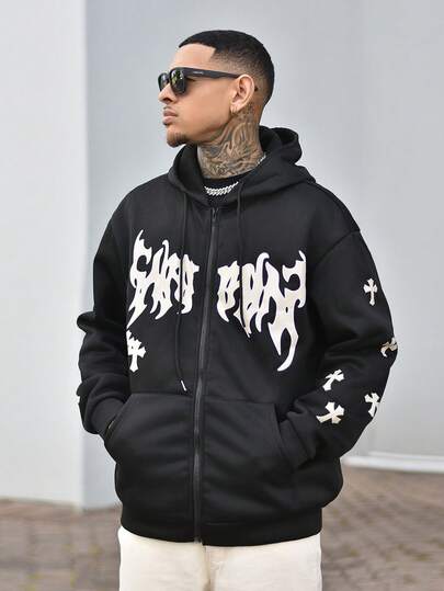 Devon Thys 男式黑色街头时尚图案印花前拉链连帽运动衫，带保暖内衬