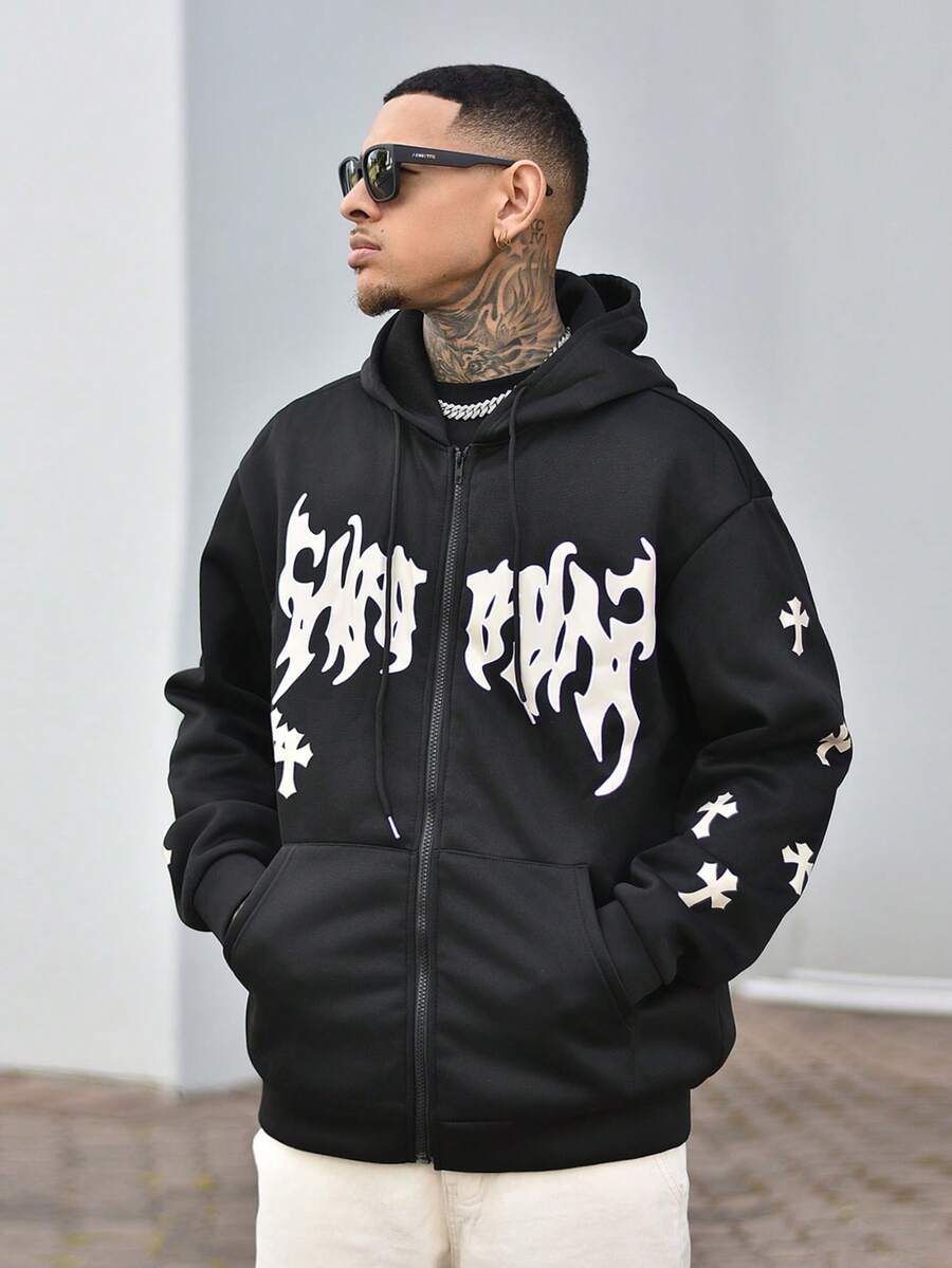 Devon Thys 男式黑色街头时尚图案印花前拉链连帽运动衫，带保暖内衬 - 黑色 - 查看 1