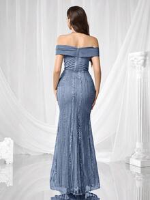 Coutiva 优雅刺绣拼接露肩连衣裙，下摆设计，正式晚礼服，适合婚礼宾客、毕业典礼、派对、圣诞节、秋冬季节、情人节等场合穿着。 - 霧霾藍 - 查看 2