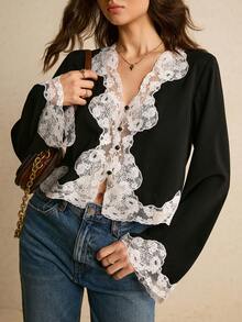 Poéselle 女士优雅通勤撞色蕾丝拼接衬衫，优雅女式衬衫，休闲女装，新年女装，适合日常穿着、外出、秋冬通勤 - 黑與白 - 查看 5