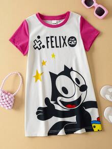 SHEIN Felix The Cat Young Girl Summer Cartoon Pattern Cute & Colorful Short Sleeve Dress - Multicolor - View 1
