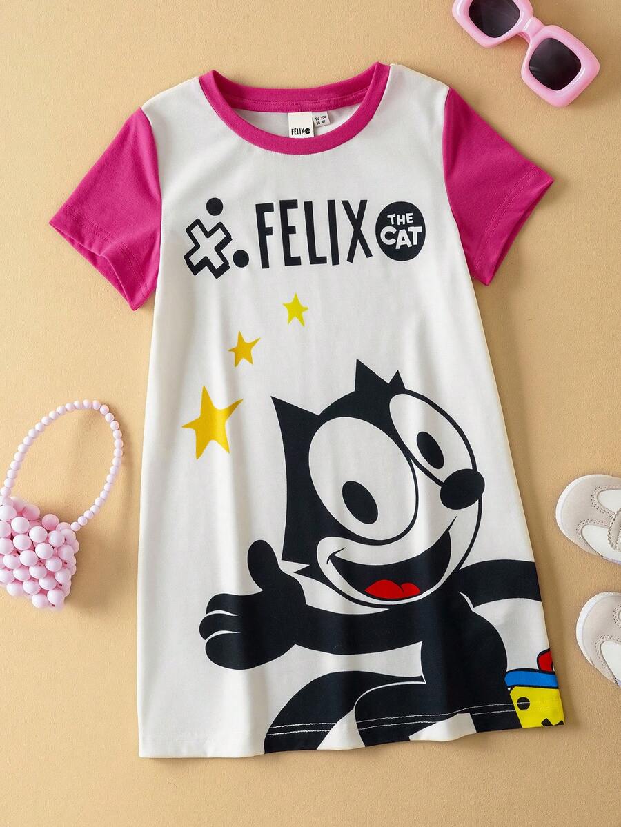 SHEIN Felix The Cat Young Girl Summer Cartoon Pattern Cute & Colorful Short Sleeve Dress - Multicolor - View 1