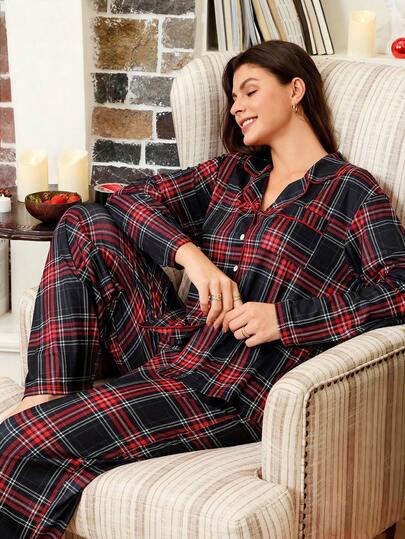 SHEIN Doze Lane Damen Lässig Karomuster Kragen Knopfleiste Langarm Top & Hose Pyjama Set, gemütliche und elegante Details, Herbstkleidung Damen Nachtwäsche Loungewear Sets, Nachtwäsche Damen Loungewear Sets, Damen Nachtwäsche Pyjama Sets Winter, Weihnachten