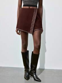Maija 女士纯色铆钉不对称休闲短裙，都市通勤商务休闲风，优雅办公室着装，适合圣诞节、新年派对和聚会，棕色短裙 - 鏽棕色 - 查看 5