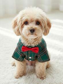 PETSIN 聖誕綠色格紋領結正式寵物襯衫