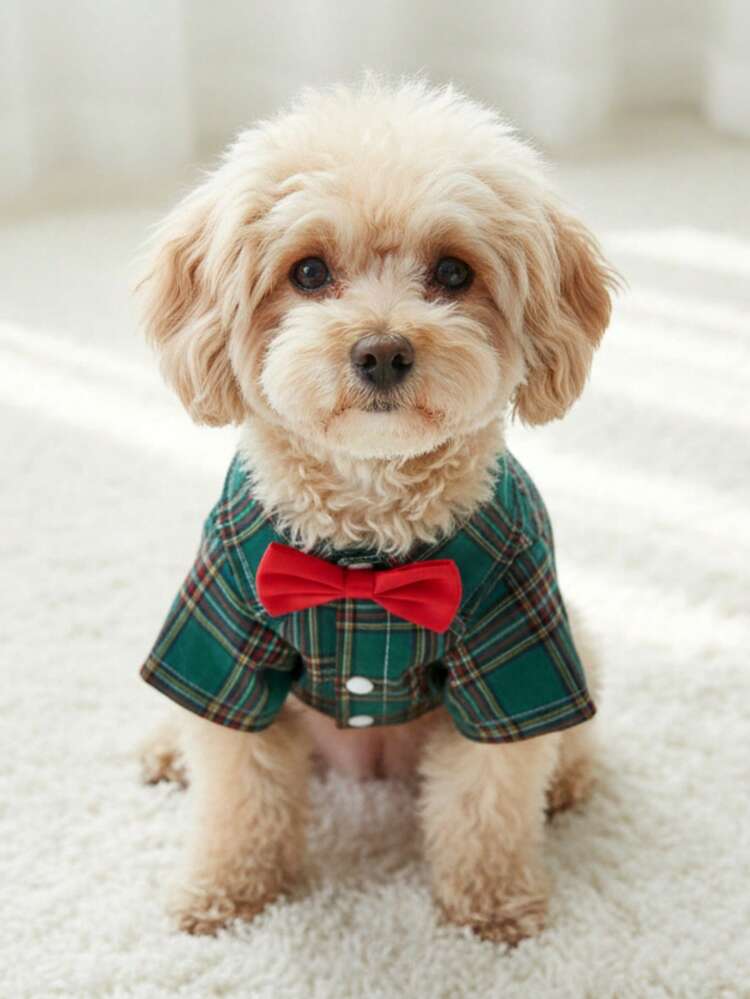 Christmas Green Plaid Bow Tie Formal Pet Shirt