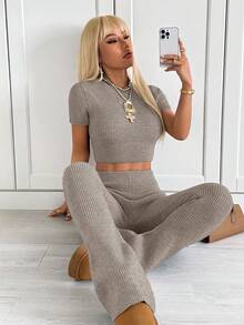 SHEIN EZwear Women's Solid Color Crew Neck Ribbed Design Sleeveless Knit Top And Flared Pants Fashion Versatile Set - Coffee Brown - View 4