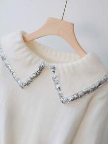 Franclia 女士优雅通勤极简时尚亮片拼接翻领插肩袖修身针织衫，适合秋季穿着，优雅时尚休闲通勤商务办公日常休闲百搭气质都市教师职业装水钻毛衣白色水钻上衣闪亮白色上衣 - 米色 - 查看 3