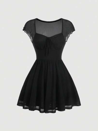 SHEIN MOD 雞心領口前打結網紗洋裝