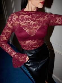 Lavishia Women's Lace Round Neck Fitted Flare Sleeve Top - Burgundy - View 7
