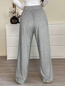 SHEIN EZwear 大码休闲纯色抽绳腰运动裤 - 綠色 - 查看 2