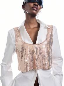 LYSMO Women's Fashionable Sexy Sequin Cropped Camisole - Khaki - View 5