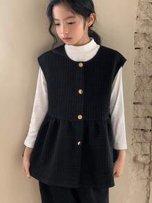 DAZY Áo khoác vest viền bèo nhún một hàng khuy trơn màu dành cho bé gái tuổi mới lớn - màu đen - Xem 4