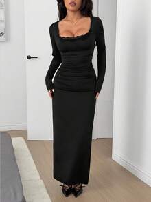 SHEIN EZwear Đầm midi dệt kim đen dài tay ren tương phản dành cho nữ - màu đen - Xem 6