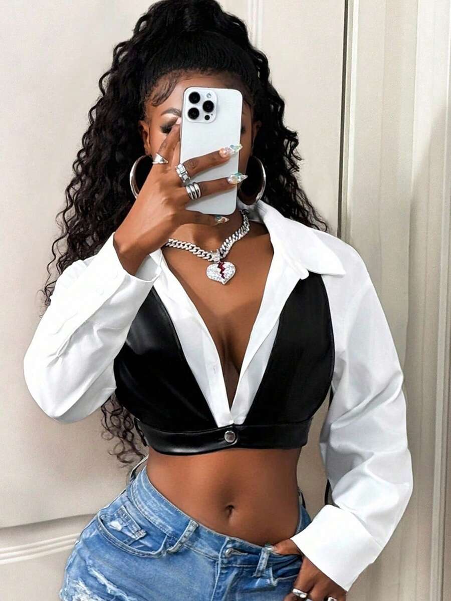 BamGleam Áo cánh tay siêu ngắn chắp vá màu tương phản gợi cảm thời trang nữ - trắng - Xem 1