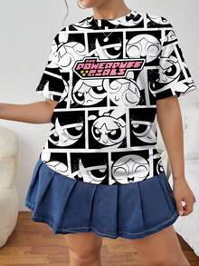 THE POWERPUFF GIRLS X SHEIN Plus Size Summer Casual Letter And Cartoon Pattern Round Neck Short Sleeve T-Shirt Suitable For Going Out - White - View 3