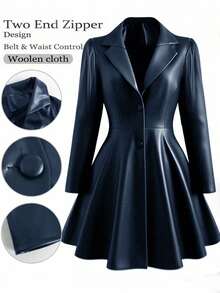 SHEIN Clasi 大码女式极简收腰中长款外套，适合通勤，秋冬季穿着 - 藏蓝色 - 查看 5