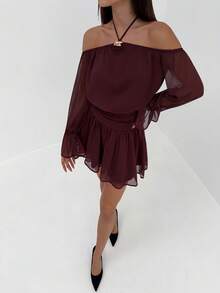 Aloruh Váy ngắn hở vai màu trơn gợi cảm thời trang dành cho nữ - Màu Khaki - Xem 4