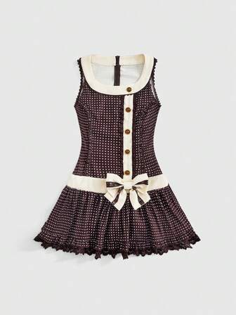 ROMWE Avant Retro Sweetheart Tiramisu Polka Dot Bow Sleeveless Mini Dress