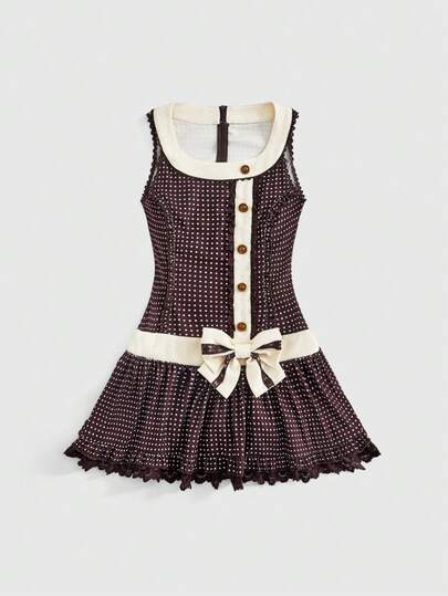 ROMWE Avant Retro Sweetheart Tiramisu Polka Dot Bow Sleeveless Mini Dress