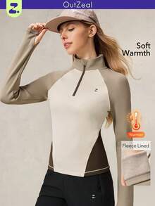 OutZeal 女士冬季保暖户外长袖T恤，适合徒步露营，保暖内衬，前半拉链，立领设计，带拇指孔 - 彩色 - 查看 1