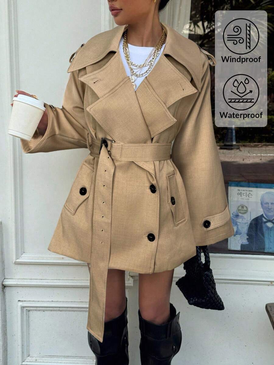 Muchica 女士时尚优雅双排扣束带风衣法式风衣女装风衣秋冬女装风衣 - 卡其色 - 查看 1