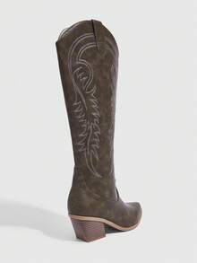 Daringsoles Giày bốt cao gót mũi nhọn kiểu Tây cho nữ, giày bốt cưỡi ngựa cao đến đầu gối thêu da lộn cho mùa thu/đông - Xám - Xem 7