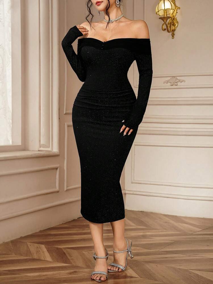 Women's Elegant Party Glitter Off-Shoulder Fitted Long Dress Sparkly Dress Maxi Dress