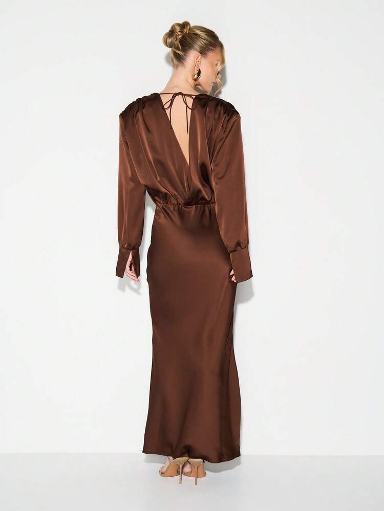 KIZN Deep V-Neck Satin Draped Column Maxi Dress