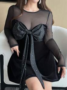 Flirla Plus Size Women's Sweet & Spicy Bodycon Mesh Patchwork Sequin Bow Knee-Length A-Line Dress - Black - View 5