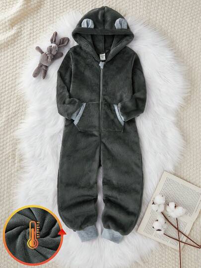 Young Boy Minimalist Fluffy Long Sleeve Romper With Bear Ear Hood, Made Of Soft Flannel Fabric, Ideal For Winter Christmas Family Gathering And Home Scenes