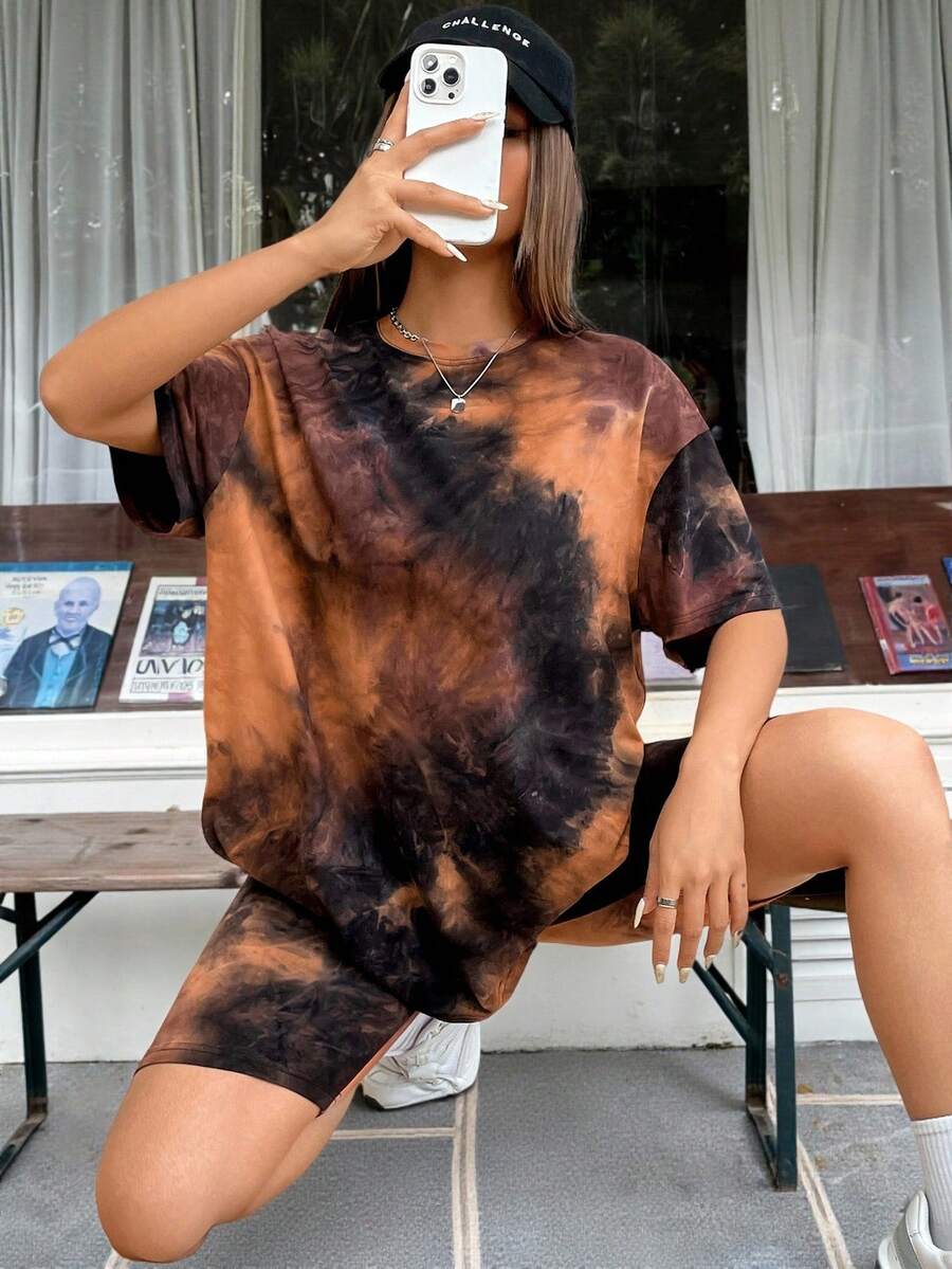 Muchica 扎染落肩T恤和骑行短裤两件套 - 彩色 - 查看 1