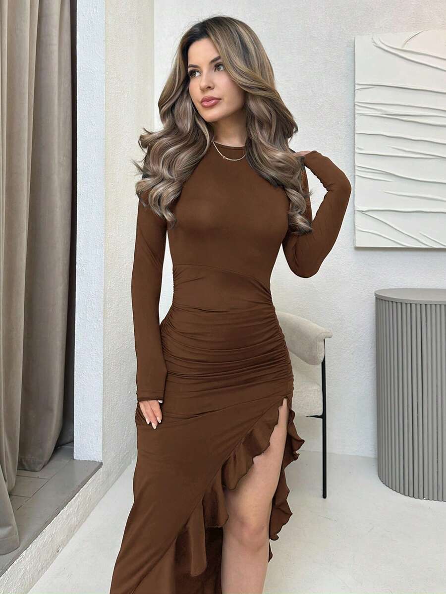 Jemour 1pc Women's Solid Color Round Neck Fitted Ruffle Asymmetrical Hem Long Sleeve Dress ,Petite Women - Coffee - View 1