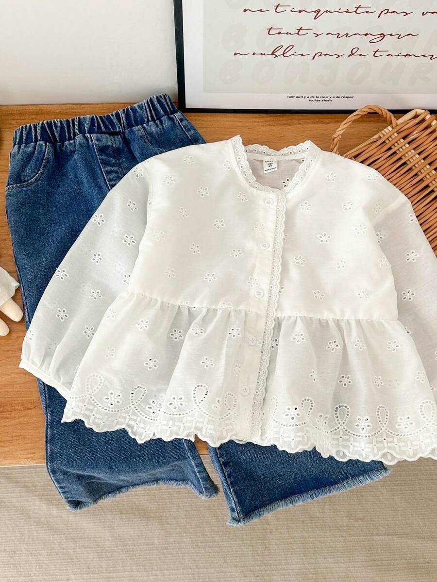 Genkimix Kids 女童休闲荷叶边领刺绣花边宽松白色衬衫，舒适亲肤，适合春季日常穿着 - 白色 - 查看 1