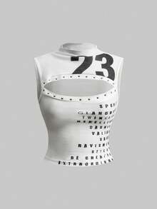 ROMWE Avant 女士复古性感先锋镂空数码Logo英文印花铆钉露脐上衣 - 白色 - 查看 2