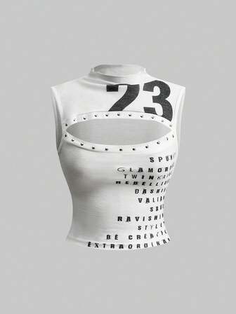 ROMWE Avant Women's Retro Sexy Pioneer Sexy Hollow Digital Logo English Print Studded Crop Top