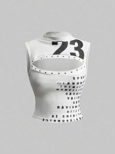 ROMWE Avant Top court rétro sexy pour femmes avec logo numérique anglais imprimé, style pionnière avec détails ajourés