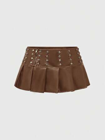 ROMWE Avant Gonna plissettata da donna in PU con decorazioni punk a rivetti, vita ultra bassa, adatta per festival musicali