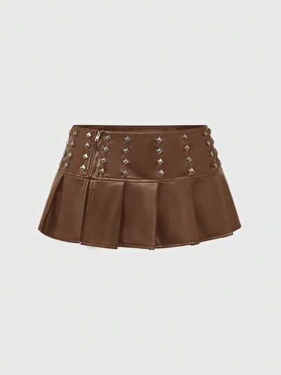 ROMWE Avant Jupe plissée pour femme à taille ultra-basse, décorée de rivets punk en PU, pour festival de musique