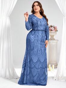 Coutiva 大码优雅华丽亮片刺绣V领长袖珍珠水钻设计秋冬连衣裙，适合日常穿着、派对、晚宴、婚礼宾客等场合。 - 藍色 - 查看 4