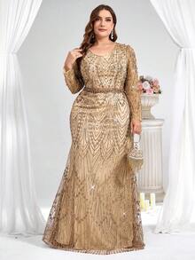 Coutiva Đầm cỡ lớn sang trọng, thanh lịch, thêu sequin, cổ chữ V, tay dài, đính ngọc trai và đá quý, thích hợp mặc mùa thu đông, dự tiệc, dạ hội, đám cưới. Đầm đính cườm, đầm trang trí, đầm vàng, đầm đính đá, đầm cao cấp cho nữ, đầm vàng nữ. - Vàng - Xem 5