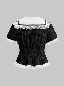 ROMWE Goth 大码女式条纹修身腰部蕾丝拼接领交叉短袖衬衫 - 黑色 - 查看 7