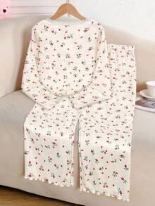 SHEIN Tween Girl White Autumn Cute Sleep 2 Piece Pajama Set,Korean Style Ditsy Floral Cherry Square Neck Lace Trim Long Sleeve T-Shirt & Ruffle Hem Pants - Apricot - View 7