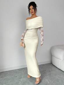 Rafferiza Women's Sexy & Elegant Asymmetric Neck Ruched Lace Patchwork Long Sleeve White Dress - Apricot - View 4