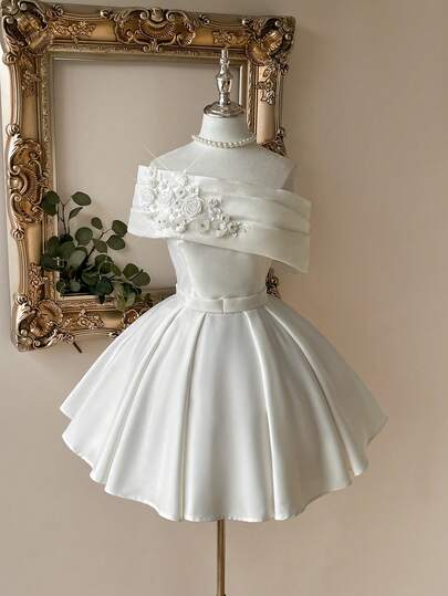 Lovelzi Elegant, Romantic, Fashionable White Satin Pleated Decor Off-Shoulder A-Line Formal Dress, Suitable For Party, Wedding Guest, Bachelorette Party, Prom, Bridal Shower