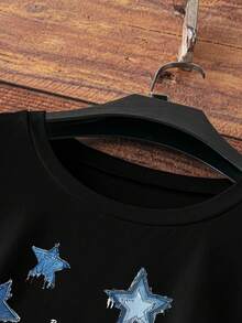 INAWLY EZwear Casual T-Shirt With Star & Letter Pattern, Relaxed Fit, Round Neck Short Sleeve, For Women - Black - View 3