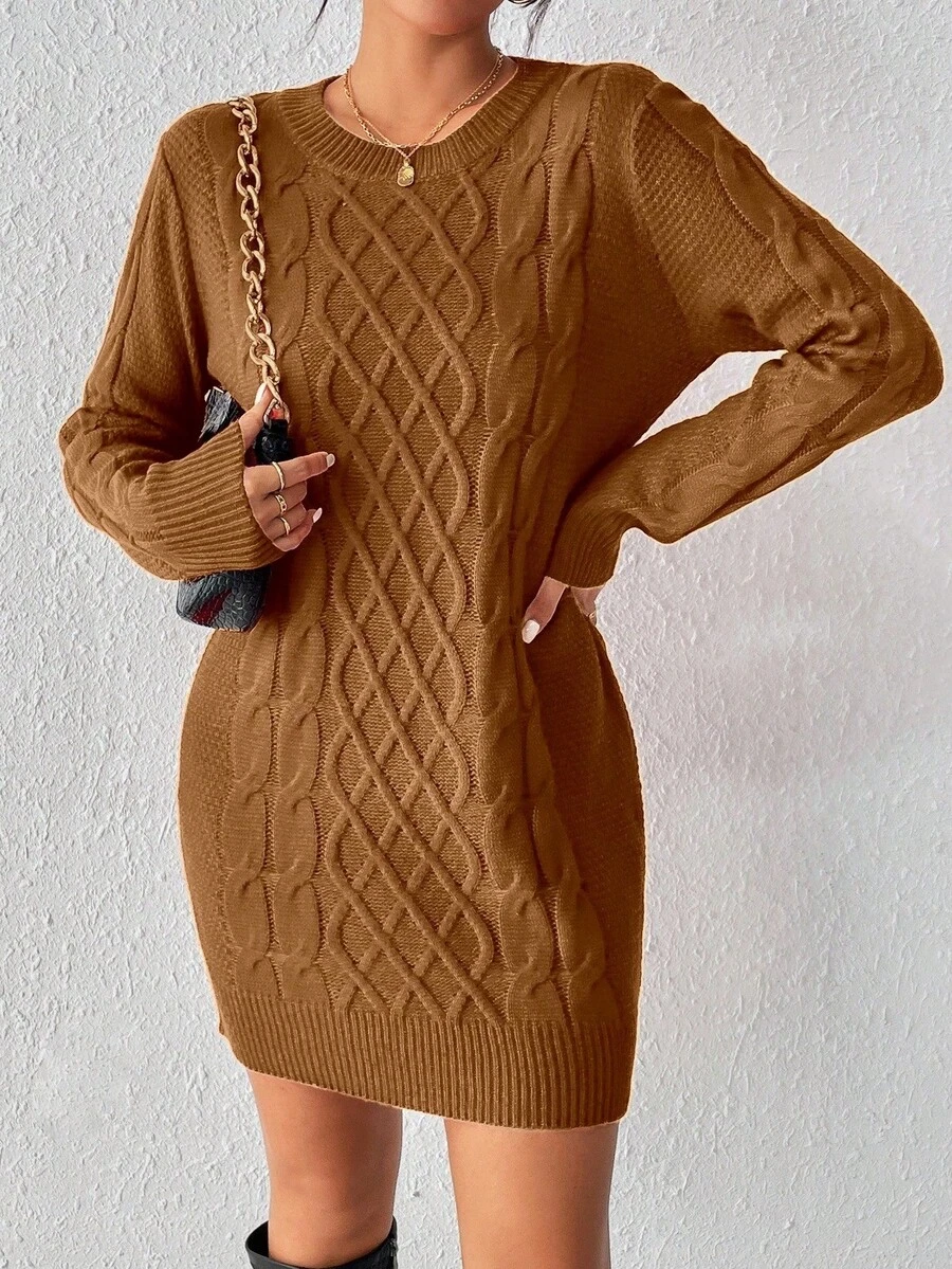 Rafferiza Gaun Sweater Rajut Model Twist untuk Wanita, Cocok Sebagai Pakaian Tahun Baru - Coffee Brown - View 1