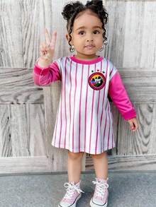 THE POWERPUFF GIRLS X SHEIN Baby Girl Cute Cartoon Blossom, Bubbles, Buttercup Pattern Stripe Print Round Neck Drop Shoulder Long Sleeve Knit Sweet Cute Sweatshirt Dress, Suitable For Autumn/Winter Toddler Girl Clothes Cartoon - Multicolor - View 2